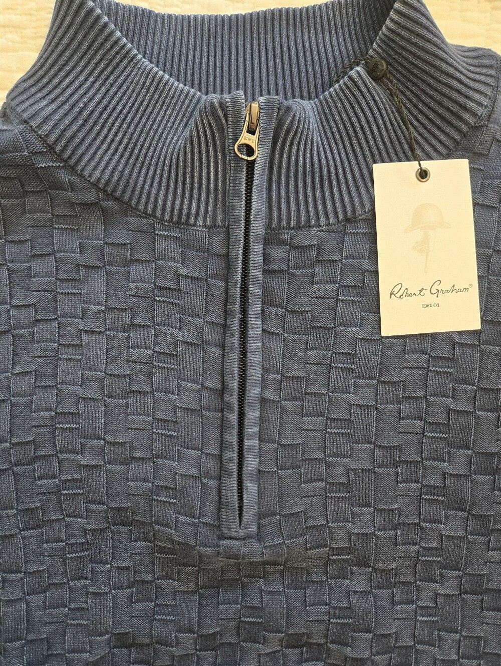 Robert Graham Men's Textured Navy Zip-Up Sweater, 100% Cotton, XL NWT $198 - Picture 5 of 6